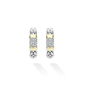 A pair of silver and yellow gold hoop earrings with pavé diamond accents, displayed on a clean white background with soft shadows.