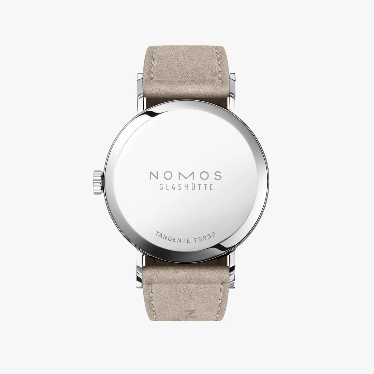 Nomos watch with beige strap on a white background