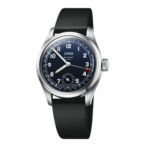 ORIS timepiece with blue dial and a black leather strap on a white background