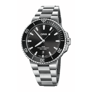 Silver Oris watch with black dial on a white background
