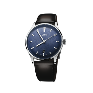 Oris timepiece with blue dial and brown leather strap on a white background