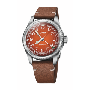 An Oris Big Crown Automatic watch with a brown leather strap, a silver stainless steel case, and a distinctive orange-red dial with white numerals and hands.