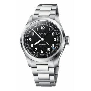 Silver Oris watch with black dial on a white background