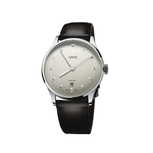 An Oris watch featuring a silver-toned stainless steel case, a cream-colored dial with silver baton hour markers and a date window, and a dark black leather strap, shown against a plain white background.