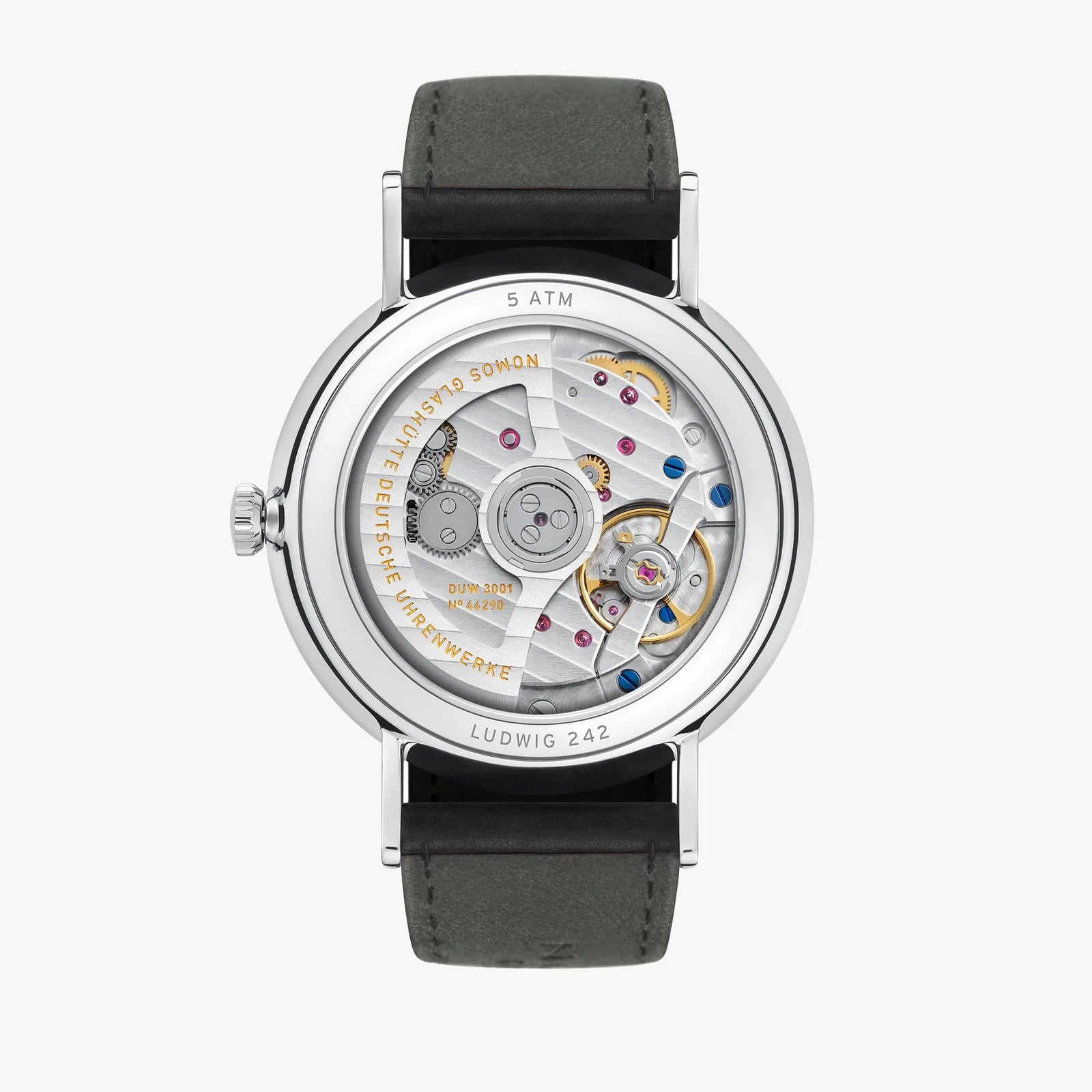 Watch with visible mechanical components on a white background