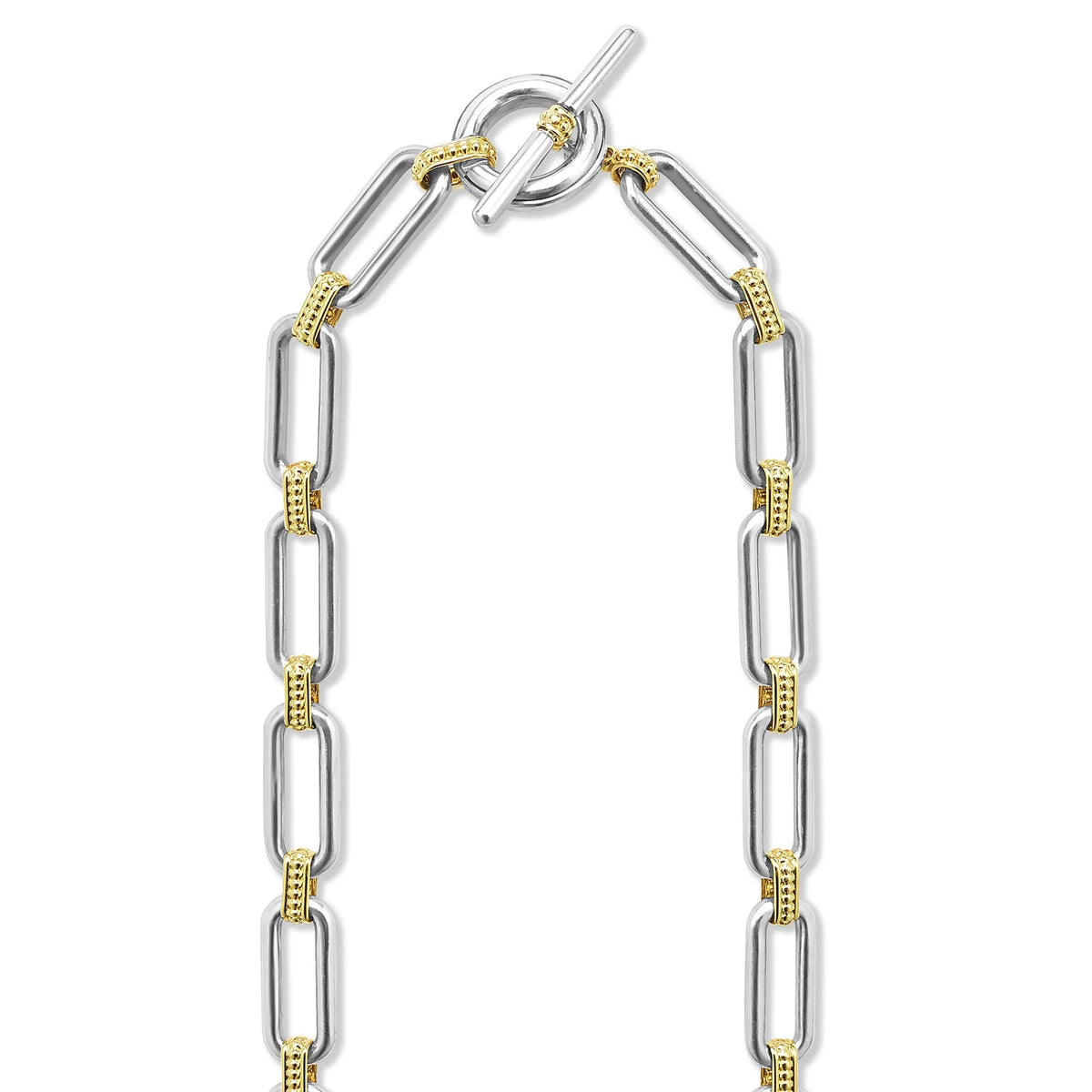 Close-up of Two-Tone Link Single Station Diamond Necklace showcasing toggle clasp and two-tone oval links with 18K gold caviar beading on white background