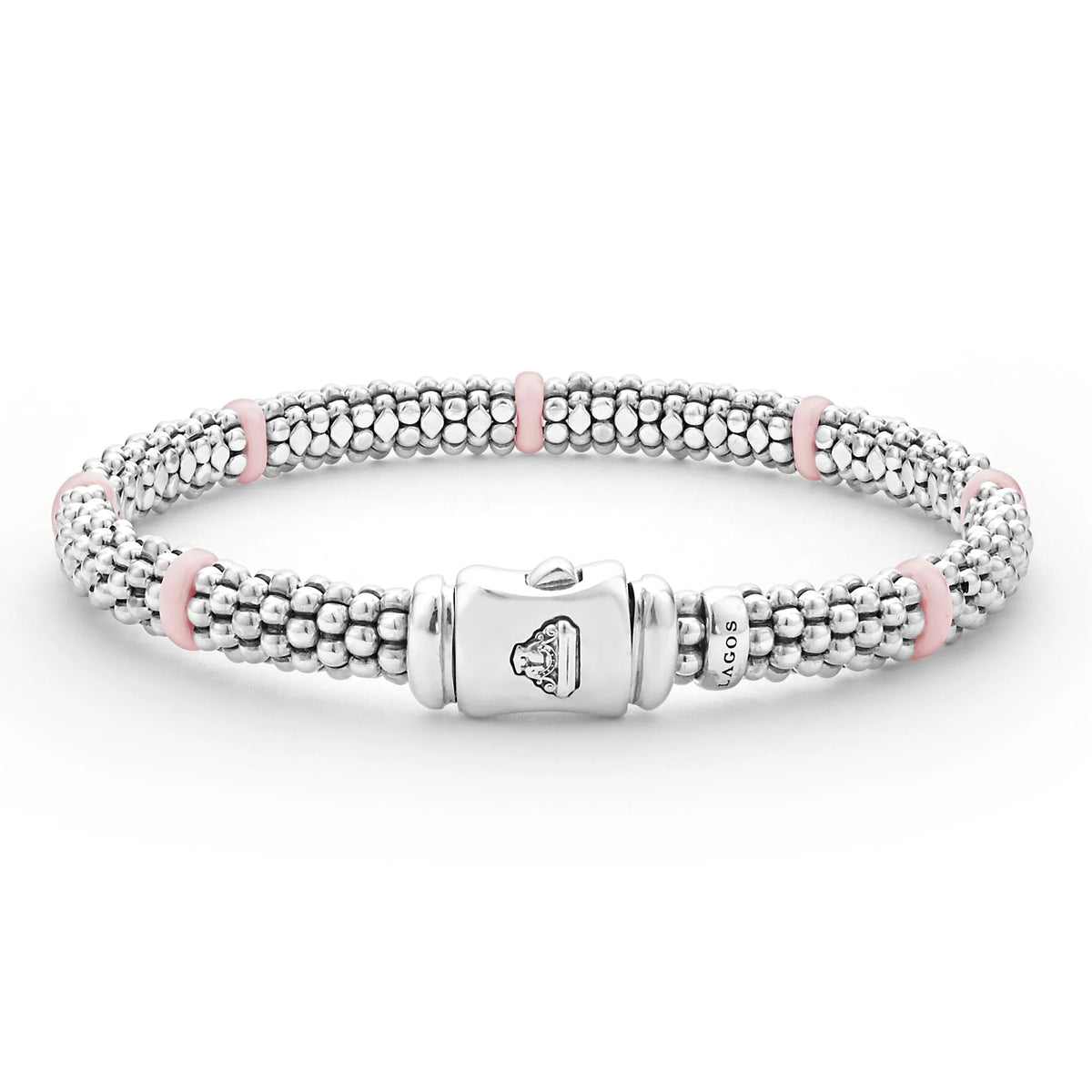 Front view of pink ceramic station caviar bracelet with seven ceramic stations, 6mm sterling silver beading, and presser clasp on white background
