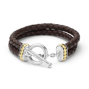 Two-Tone Brown Leather Braided Bracelet features two braided rows with a toggle clasp on a white background