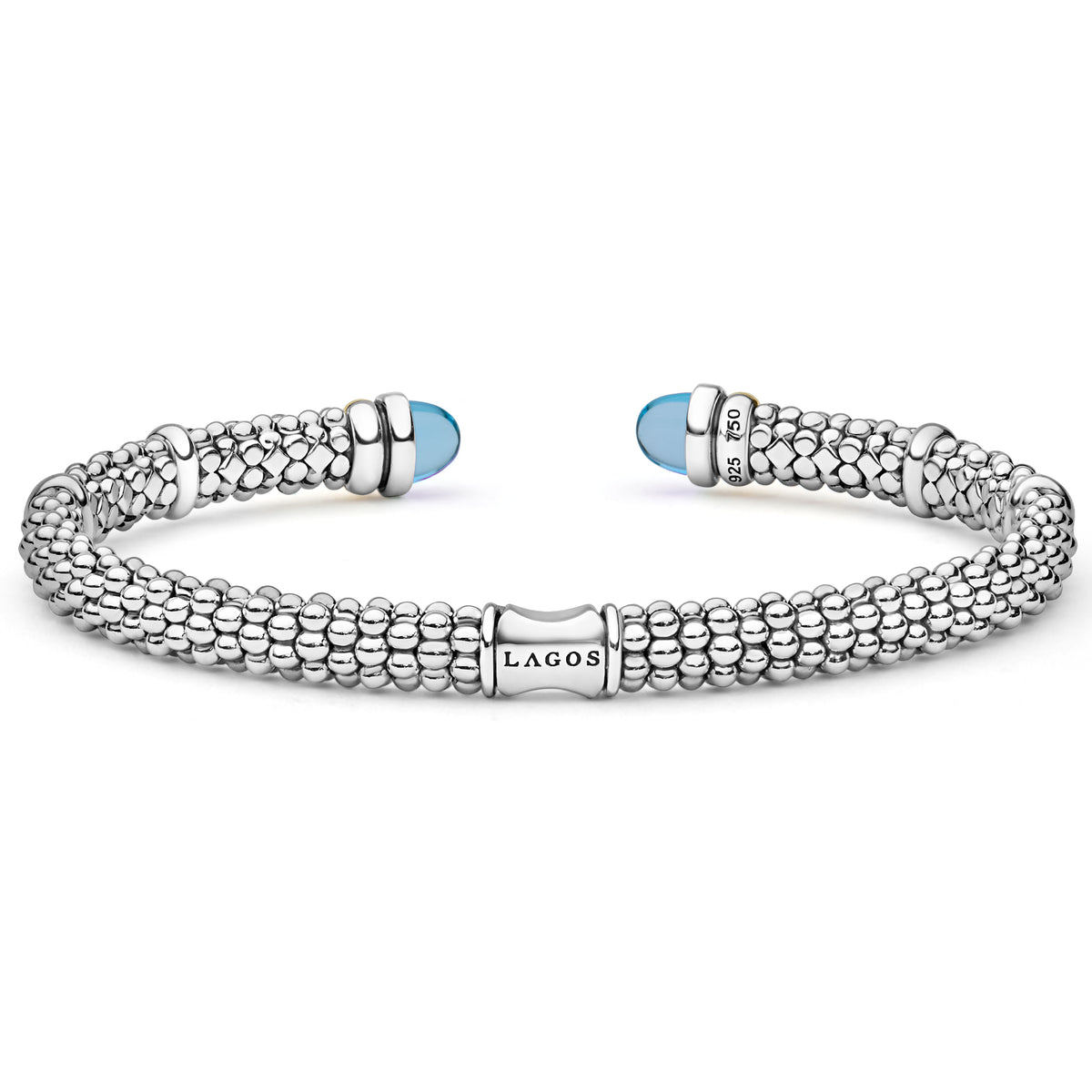 Front view of Two-Tone Swiss Blue Topaz Versa Torque Bracelet with silver beading, blue topaz end caps, and gold accents