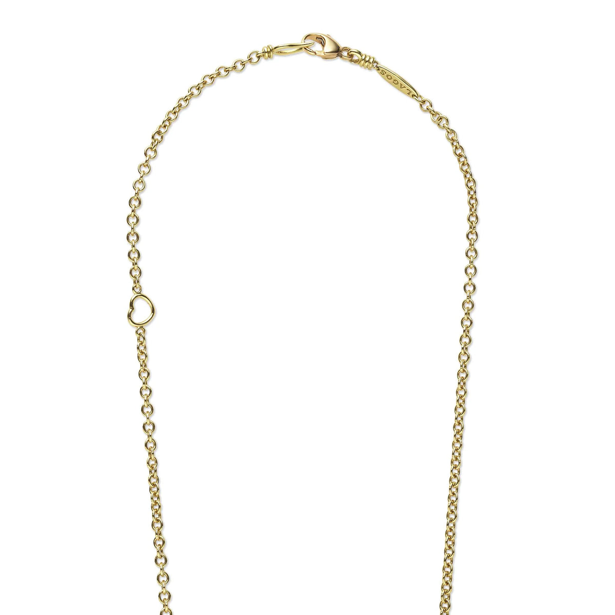 Close-up of 18K Gold Petite Fleur necklace showing lobster clasp, heart extender and chain detail on white background
