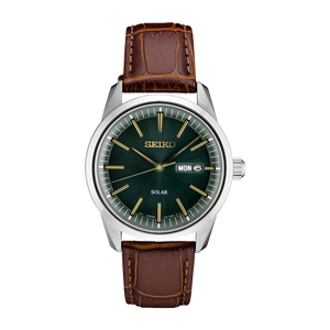 Front view of Seiko SNE529 solar watch showcasing green sunray dial, day/date at 3 o'clock and brown leather strap