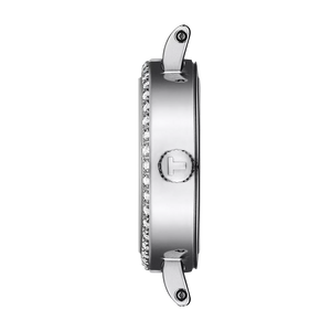 Close-up of a silver watch with a brand logo on a white background