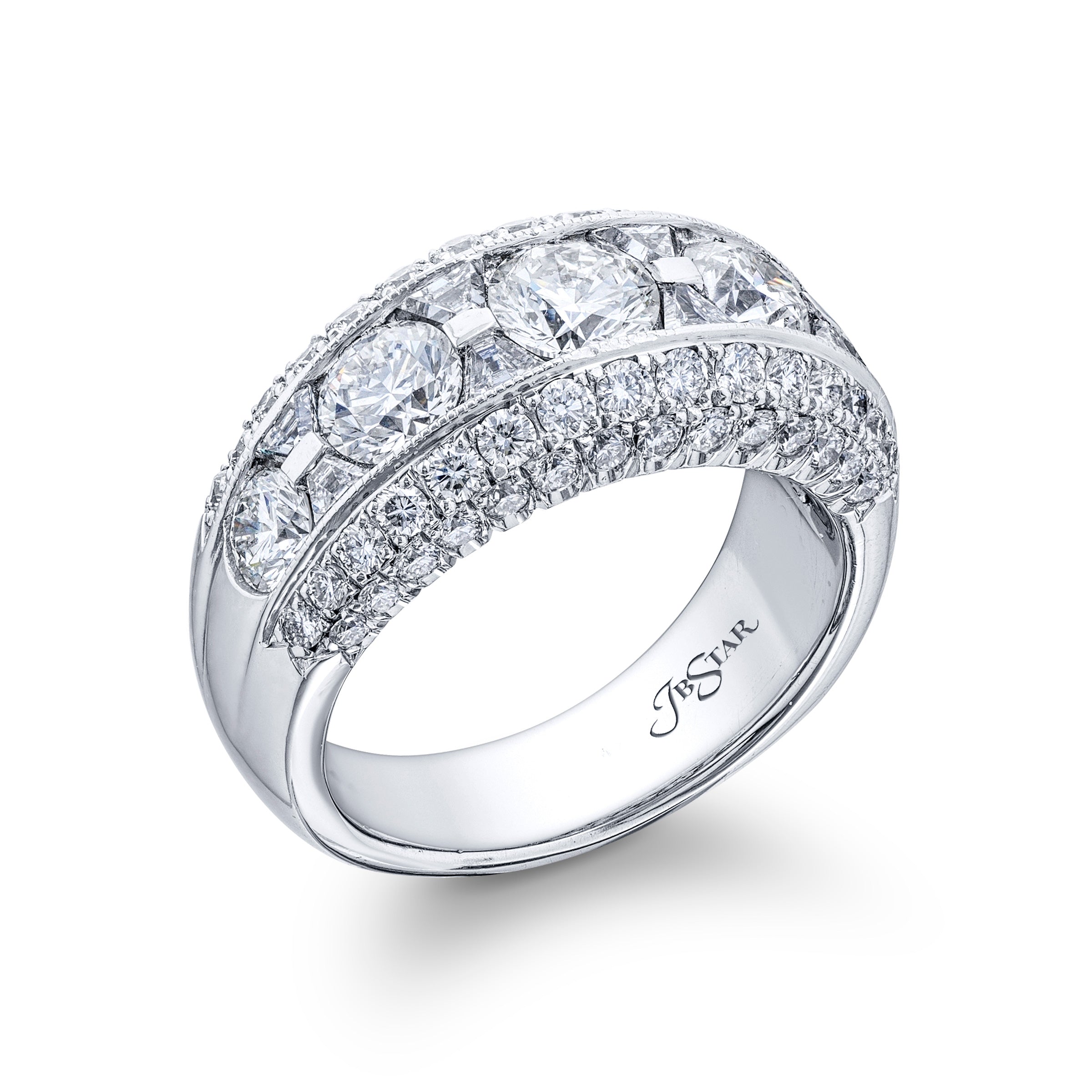 Close-up of 3.00ctw Diamond Band showing three-row channel and pavé diamonds in platinum on white background