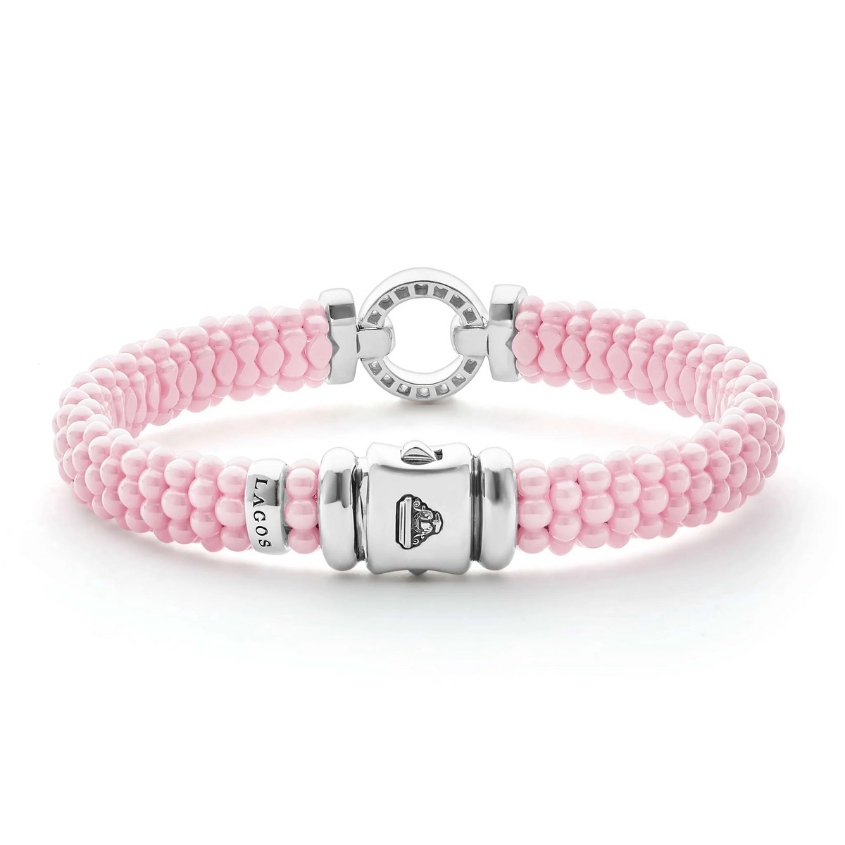 Close-up of Pink Ceramic Diamond Circle Bracelet showing 0.266ctw diamond circle in sterling silver and pink caviar beads