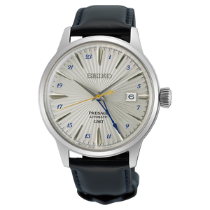 Seiko watch with dark blue leather strap on a white background