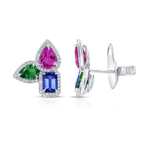 Pair of halo stud earrings (front and side) with pink pear, green pear and blue emerald-cut gemstones in white gold