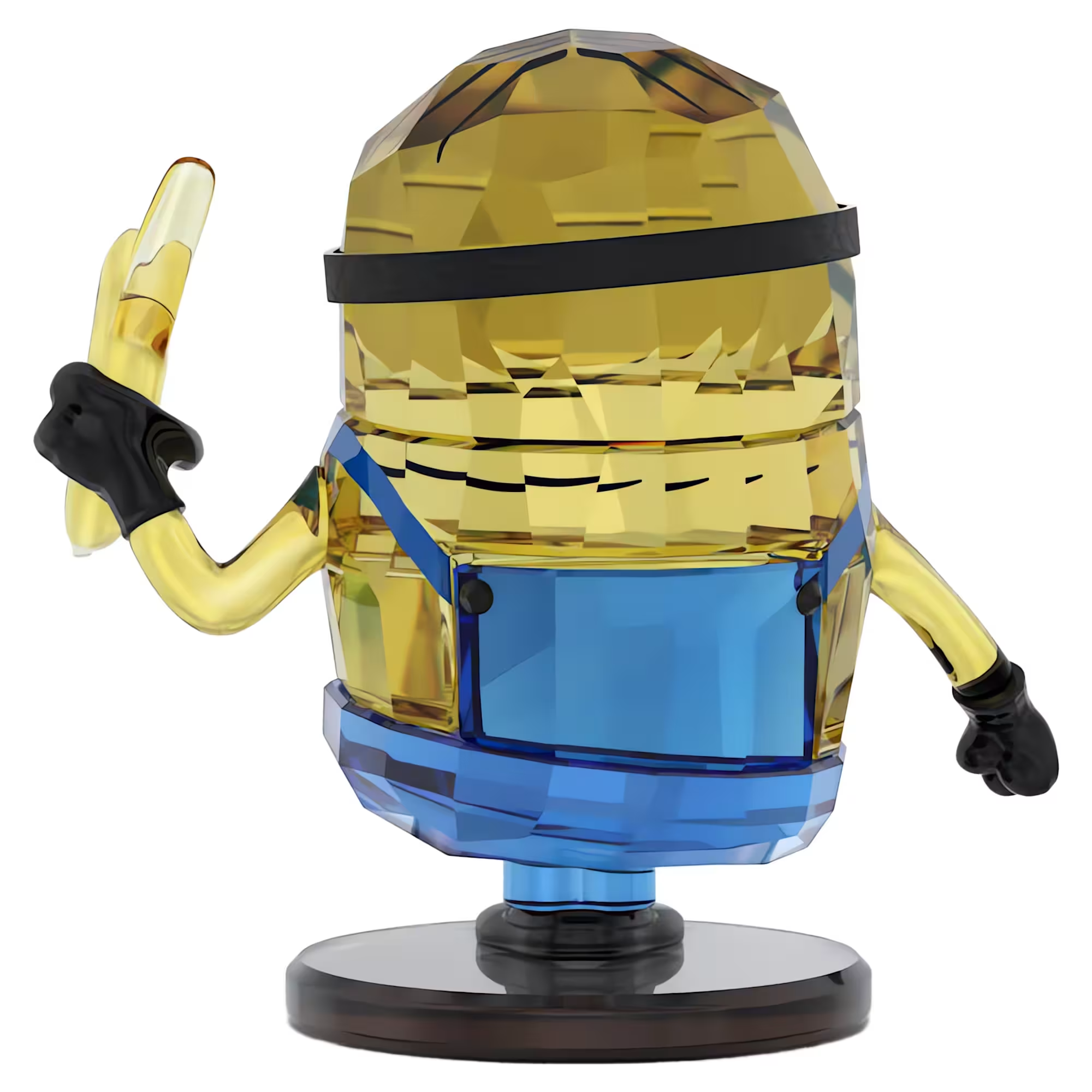 Rear three-quarter view of Minions Stuart crystal figurine showcasing faceted yellow and blue crystal, black gloves and round display base on white background