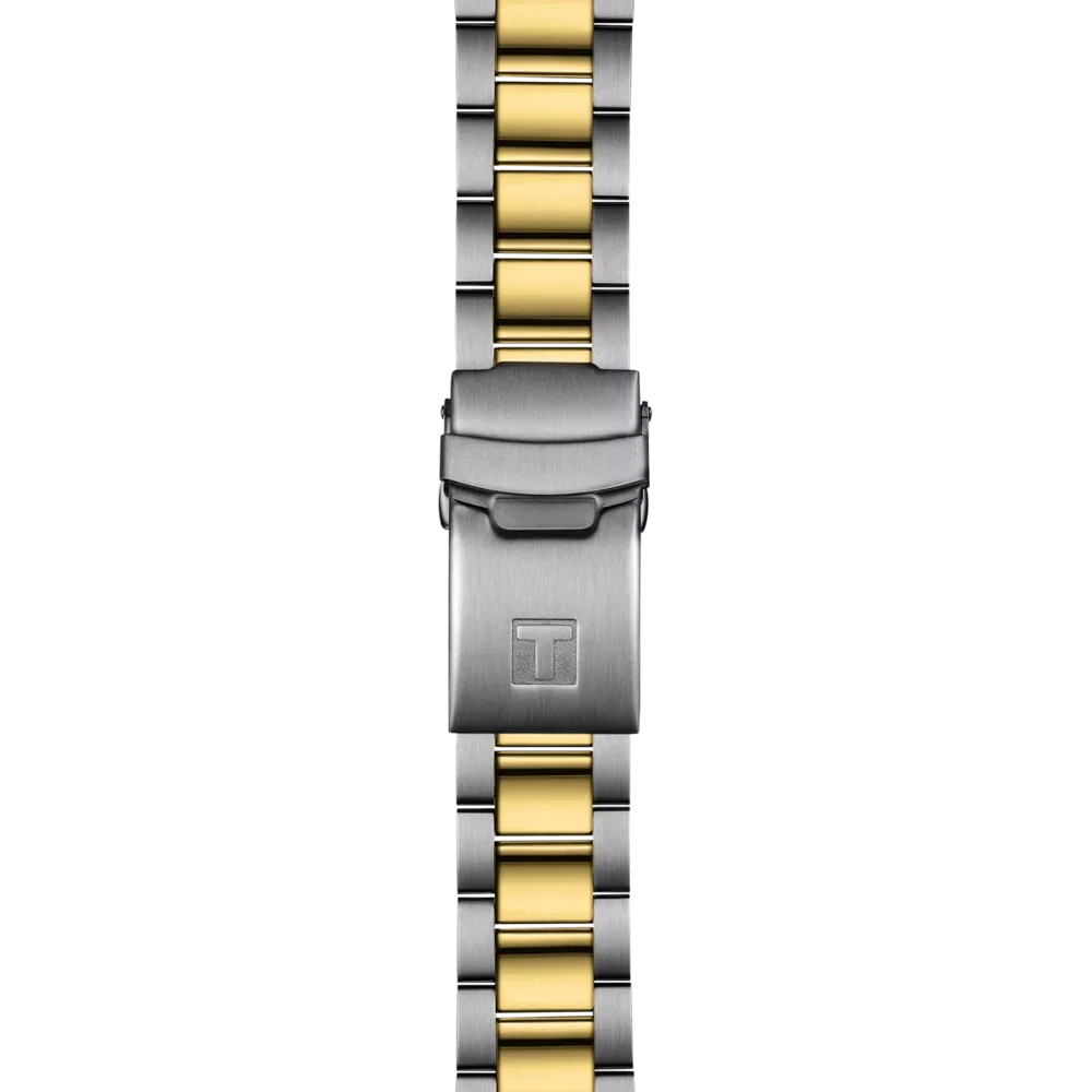 Two-tone watch strap with gold and silver links on a white background