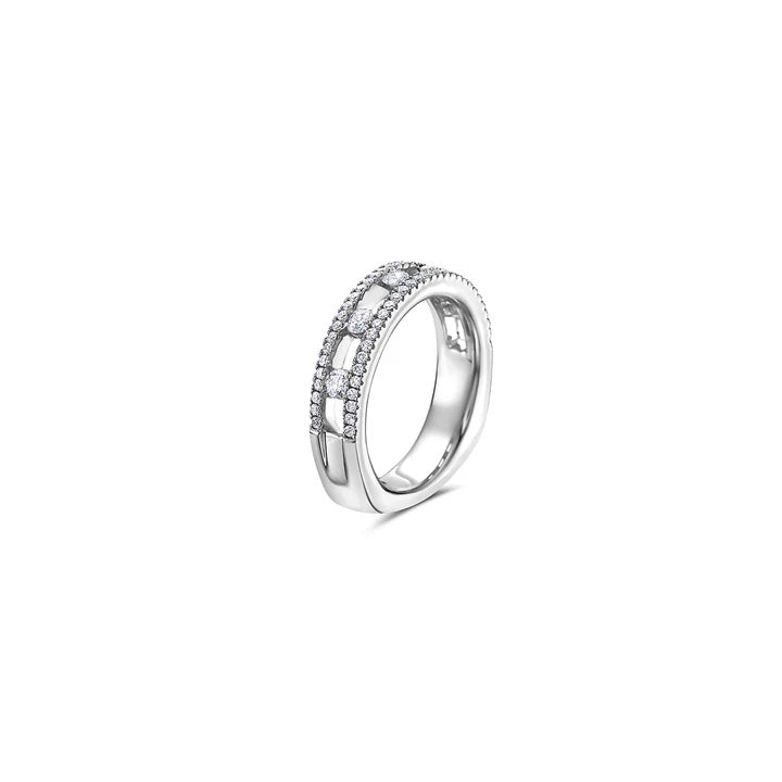 Three-quarter view of Diamond Air ring showcasing 65 round diamonds (0.63 ct) set in 18K white gold on white background
