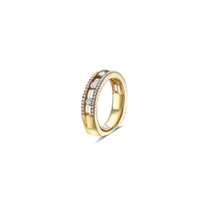 Angled view of Diamond Air Ring in 18K yellow gold showcasing two rows of round diamonds, 65 total (0.62 ct), on a white background