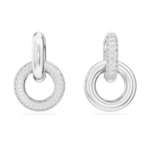 Front view of Dextera drop earrings showcasing two interlinked rhodium-plated hoops, one with pavé-set stones, on white background
