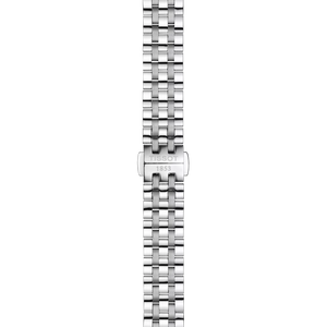Silver watch strap with Tissot logo on a white background