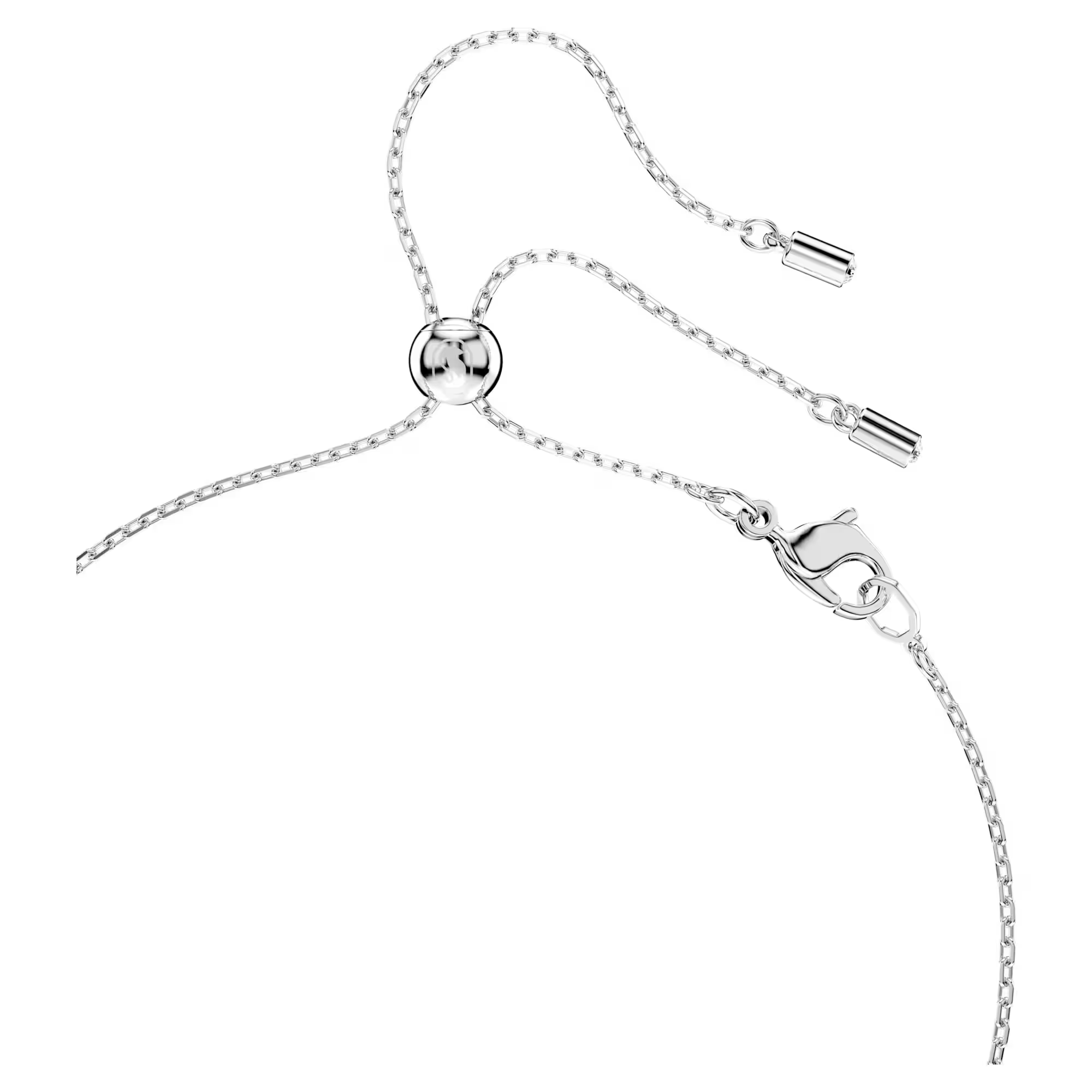 Close-up of Mesmera necklace chain showcasing sliding ball slider and lobster clasp on white background