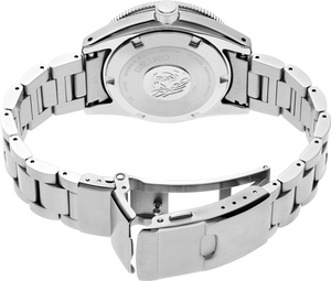 Close-up of a silver watch with a brand logo on a white background