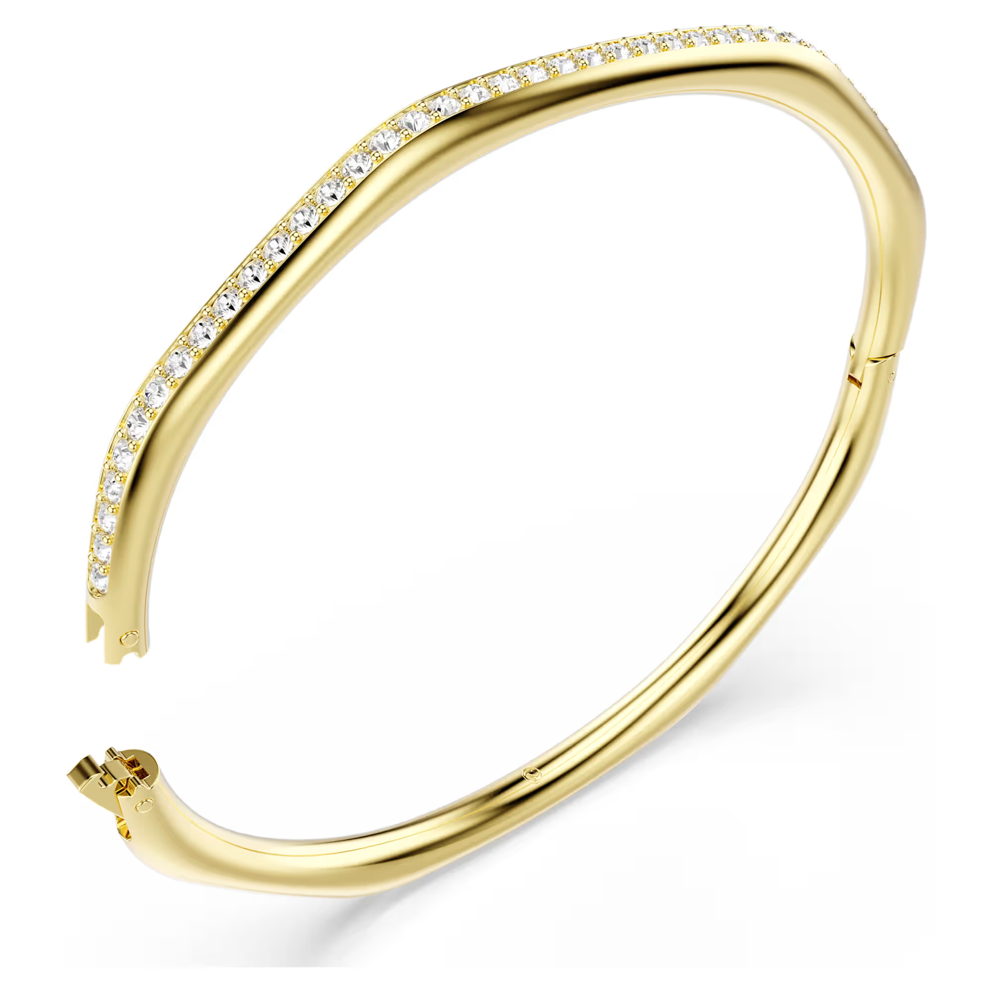 Angled view of Dextera bangle showcasing slender octagonal gold-tone band with pavé crystals and hinged clasp on white background