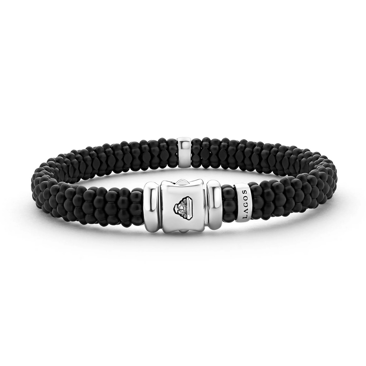 Close-up of Single Station ceramic diamond bracelet showing 9mm black caviar beads, 0.13ctw diamond and sterling clasp