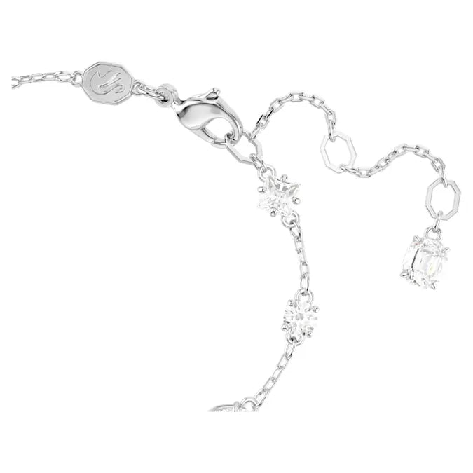 Close-up of Mesmera Bracelet with rhodium chain, lobster clasp, extender and small clear stones on white background