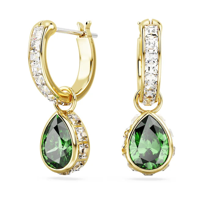 Front view of Stilla drop earrings with green pear-shaped zirconia and clear crystal pavé on gold-tone hoops on white