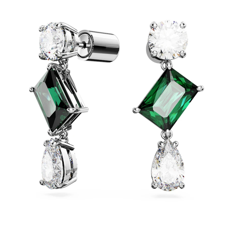 Front and side view of Mesmera Drop Earrings showing rhodium-plated trio of zirconia with green octagon center on white