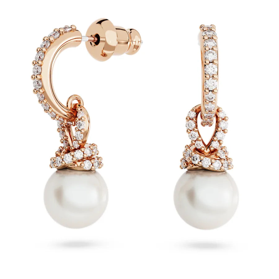 Front view of Originally Drop Earrings showing rose-gold pave diamond hoops with dangling white pearls