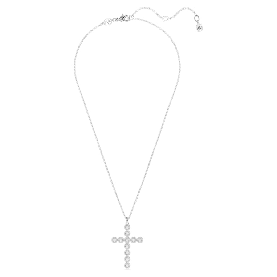Front view of Insigne pendant with cross set with 11 Swarovski Zirconia and accent stone on white background