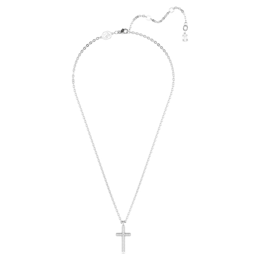 Front view of Insigne cross pendant on chain showcasing full pavé of clear Swarovski Zirconia on white background