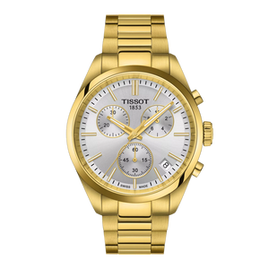 Tissot gold accent color watch with silver dial on a white background