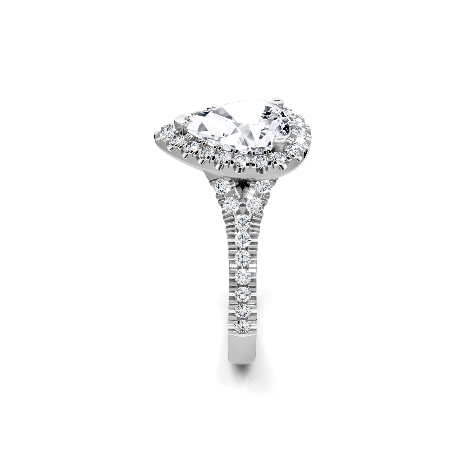 Pear-shaped halo engagement ring with pavé diamond band, 0.37ctw