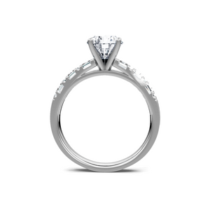 Platinum solitaire engagement ring with round brilliant center diamond and pavé-set diamonds on the band, side profile.
