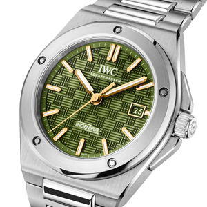 IWC SCHAFFHAUSEN watch with green textured dial labeled INGENIEUR, date 25, SWISS MADE, stainless steel case