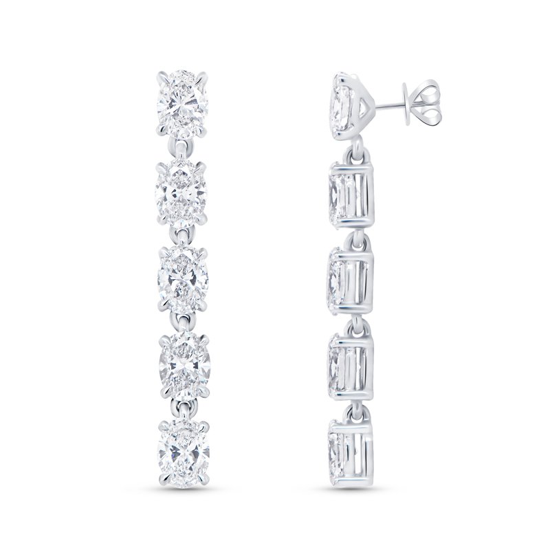 Front and side of 18K white gold oval diamond dangle earrings with ten oval diamonds totaling 3.08 ct on white background