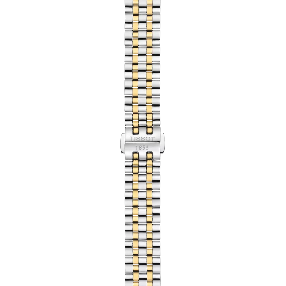 Two-tone watch strap with Tissot logo on a white background