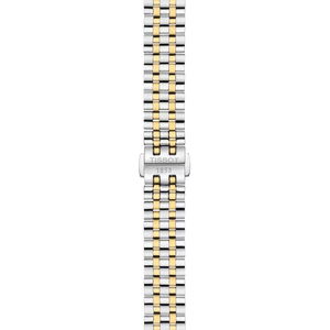 Two-tone watch strap with Tissot logo on a white background