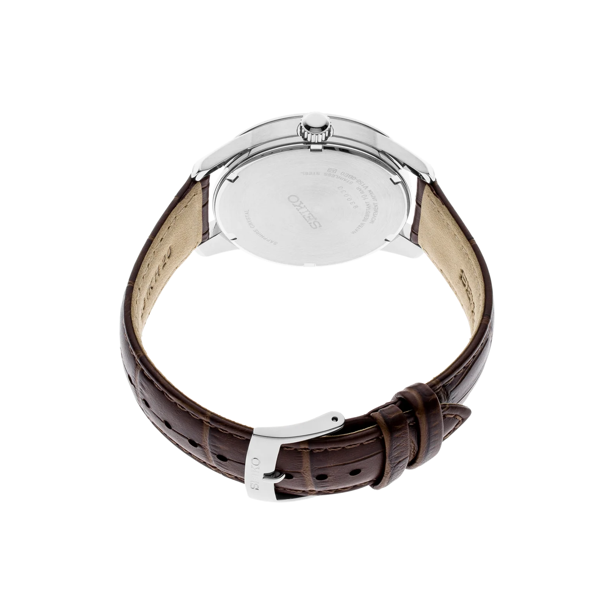Rear view of Seiko SNE529 watch showing stainless steel case back and brown leather strap with buckle on white background
