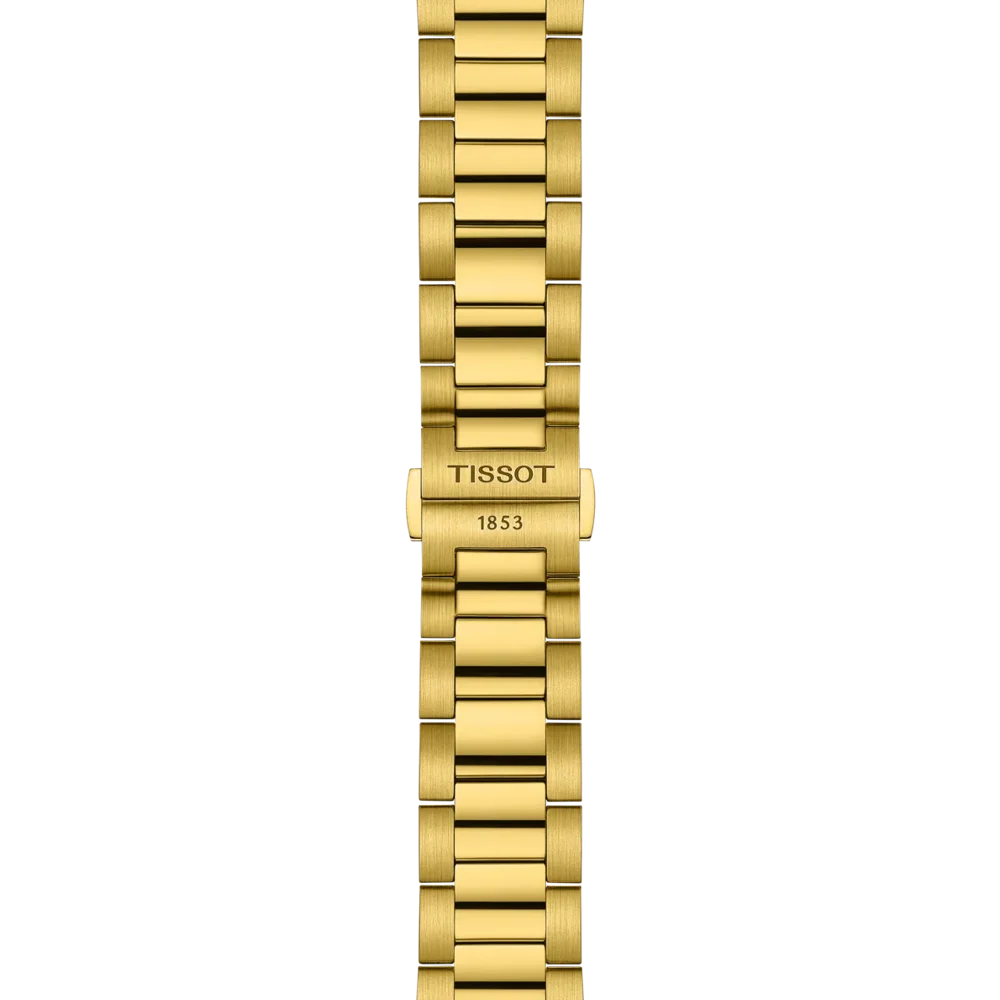 gold accent watch bracelet with Tissot on clasp on a white background