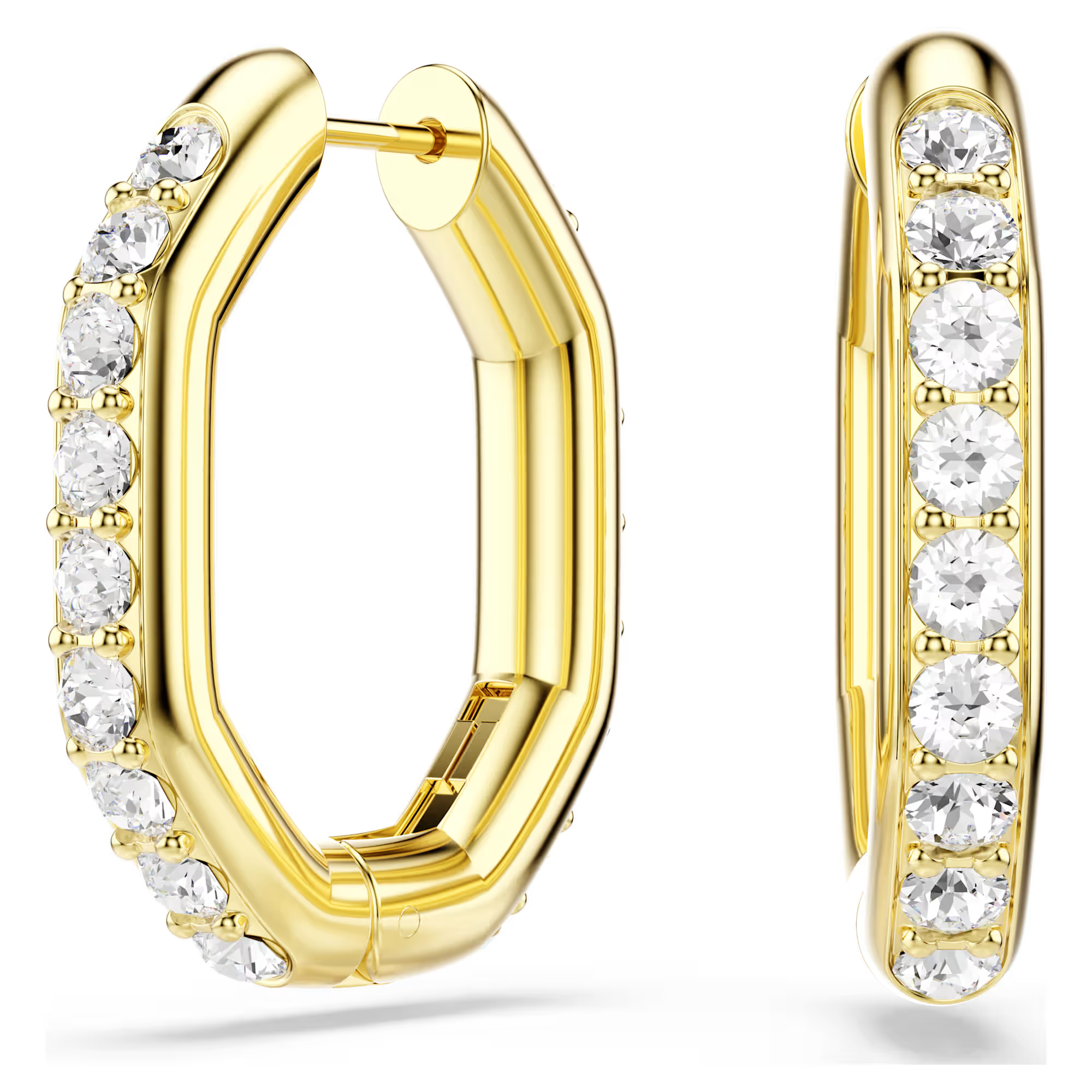 Front and side view of Dextera octagonal yellow gold hoop earrings showcasing single row of clear round-cut crystals on white