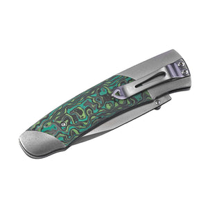 Folded pocket knife with green marbled handle and metal pocket clip