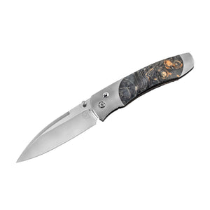 Angled view of William Henry A300-9 folding knife with S35VN blade and titanium frame with gray maple burl inlay