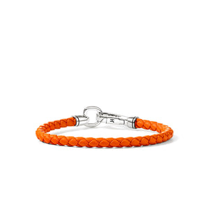 Bright orange braided leather bracelet with a silver-toned lobster clasp, displayed on a clean white background.