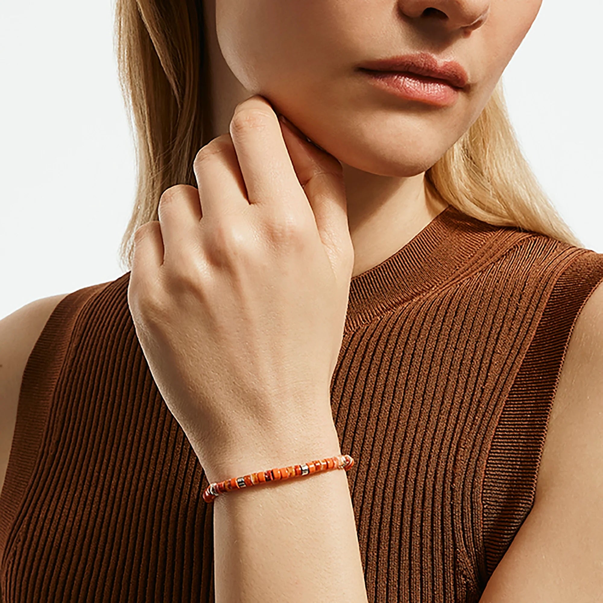 Heishi Beaded Bracelet - Oyster Shell and Orange enamel